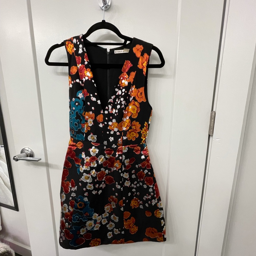Black floral Alice and Olivia low cut flare out mini